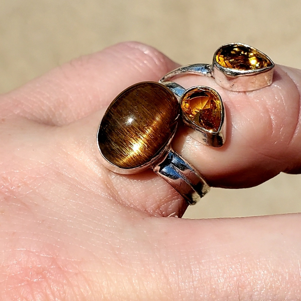 New Silver Sheen Obsidian & Citrine Open Cuff 925 Silver Ring. - Picture 14 of 16